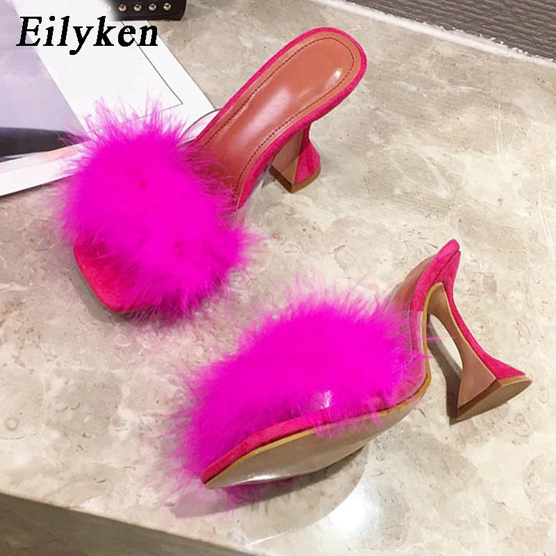 Eilyken Summer Peep Toe Woman Slippers Feather PVC Transparent High Heels Fur Sandals Spike Heel Ladies Mules Slides Shoes