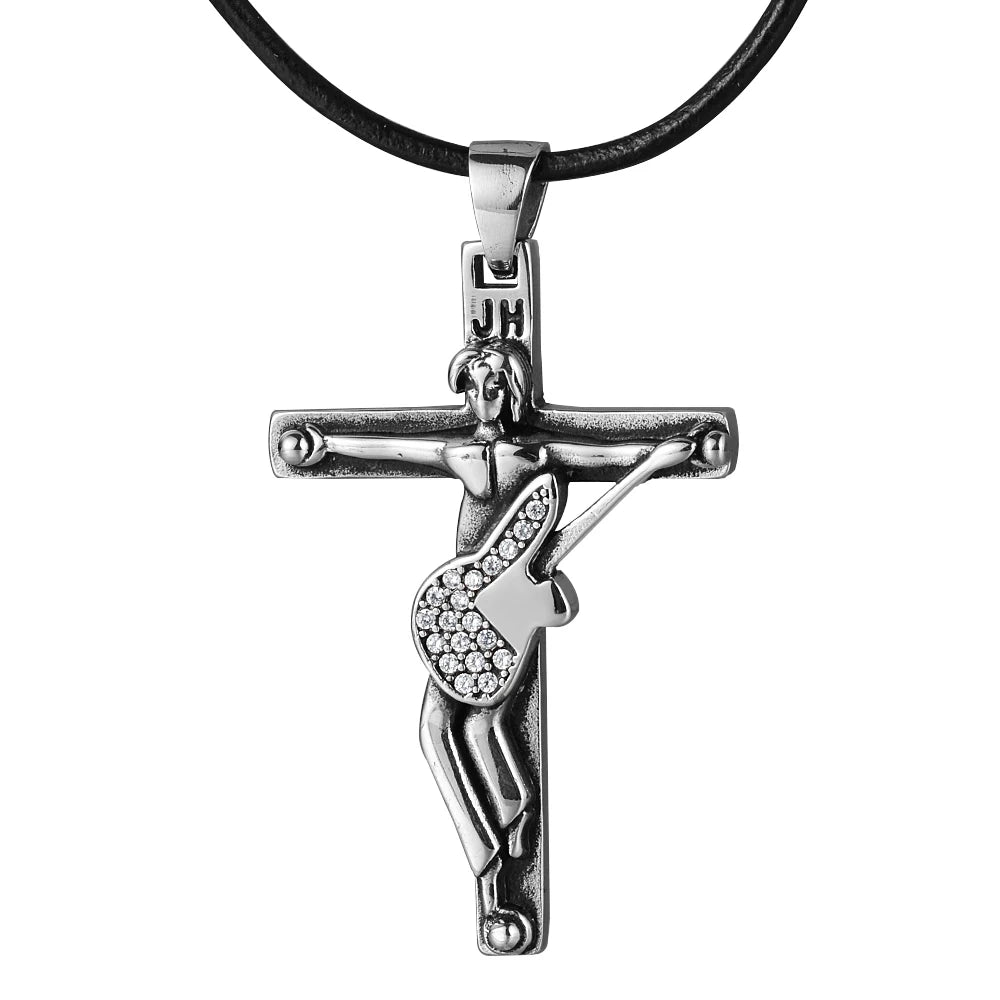 French Rocker Johnny Hallyday Guitar Cross Pendant Necklace Stainless Steel Floating Locket Christian Crucifix Men Jewelry Gift