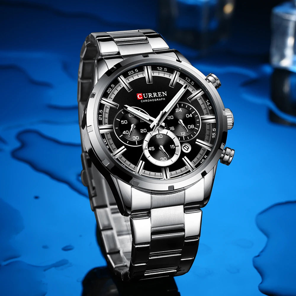 CURREN Luxury Fashion Quartz Watches Classic Silver and black Clock Male Watch Men's Wristwatch with Calendar Chronograph
