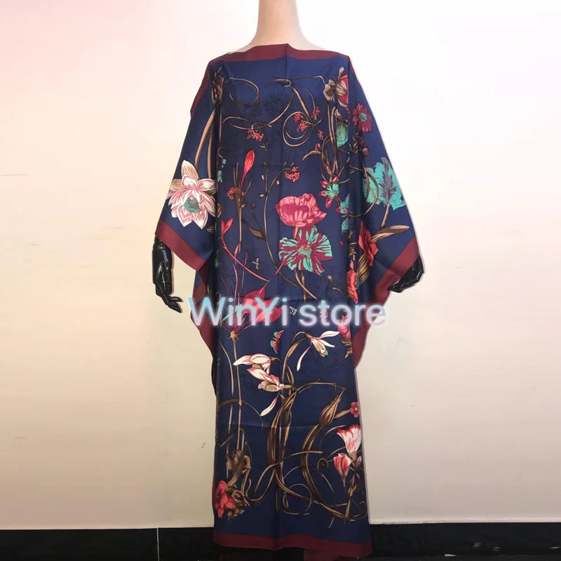 Africa Fashion Blogger Recommend Popular printed Silk Kaftan Maxi dresses Loose Summer Beach Bohemian kaftan long dress for lady