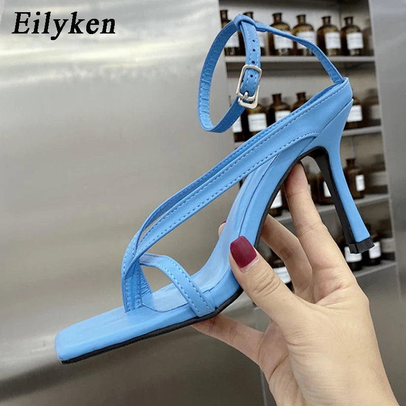 Square Toe Thin Heels Sandals Ankle Buckle