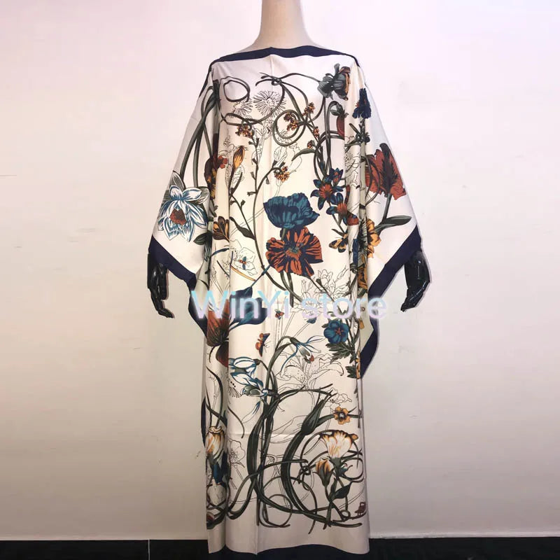 Africa Fashion Blogger Recommend Popular printed Silk Kaftan Maxi dresses Loose Summer Beach Bohemian kaftan long dress for lady