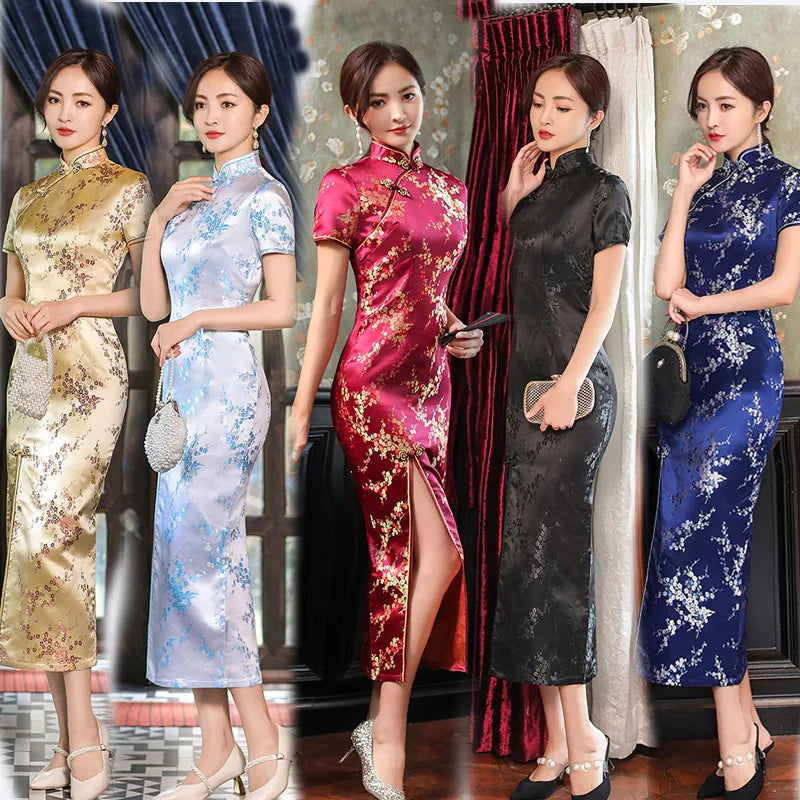 Summer New Women Sexy Cheongsam Elegant Vintage Mandarin Collar Chinese Dress Long Satin Flower Qipao Split Vestidso