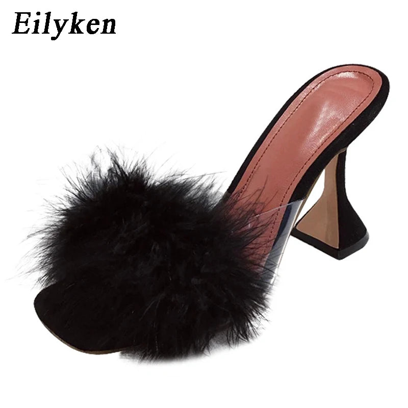 Eilyken Summer Peep Toe Woman Slippers Feather PVC Transparent High Heels Fur Sandals Spike Heel Ladies Mules Slides Shoes