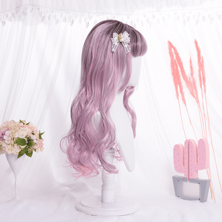 Korean Qi Liuhai Long Curly Hair Pink Wig