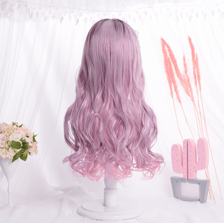 Korean Qi Liuhai Long Curly Hair Pink Wig