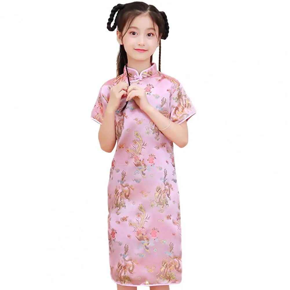 Kids Girls Satin Dress Cheongsams Hanfu Tight Phoenix Print Dress Chinese Traditional Costumes Princess Girls Dress Cheongsams
