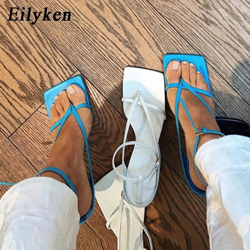 Square Toe Thin Heels Sandals Ankle Buckle