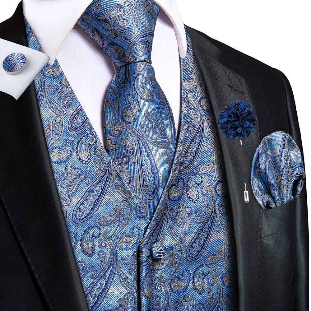 Luxury Gold Black Silk Mens Vests Print Jacquard Waistcoat Tie Hanky Cufflinks Brooch Set for Men Wedding Formal Business Hi-Tie
