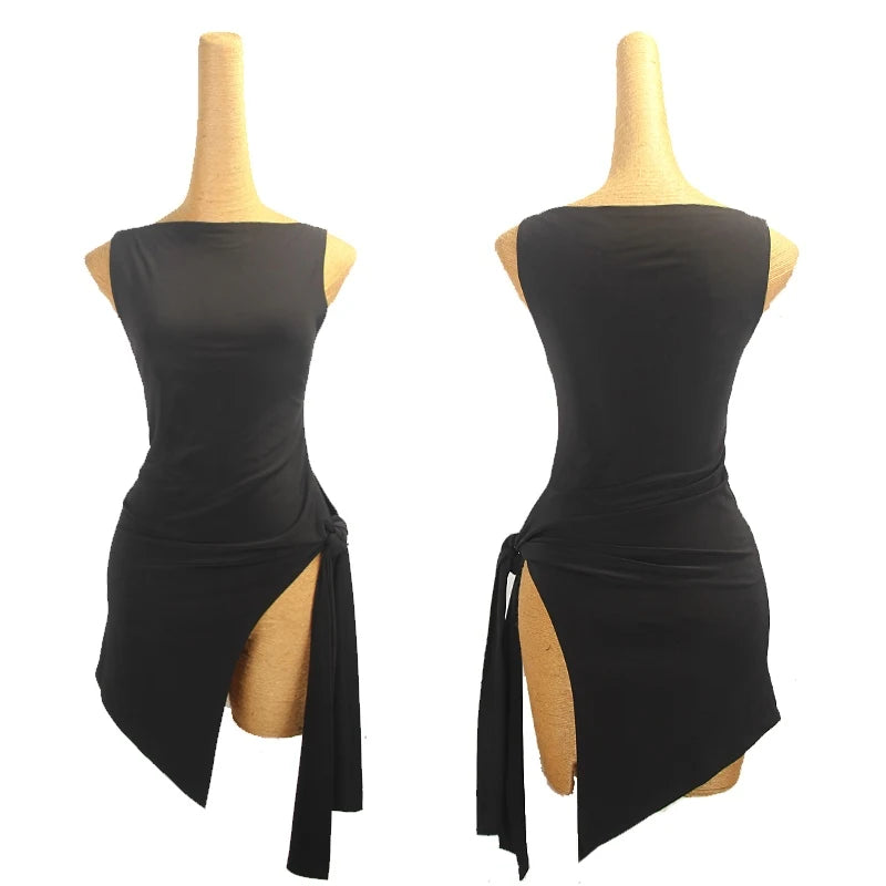 Summer Latin Dance Clothes Sleeveless Irregular Tops High Split Black Dress Adult Latin Practice Dress Rumba Dance Wear DNV20931