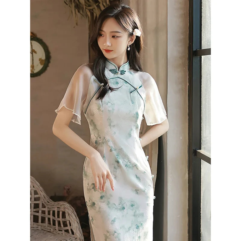 2024 Summer Cheongsam New Fairy Young Style Elegant Retro Qipao Girl Small Fresh Length Modern Oriental Dress