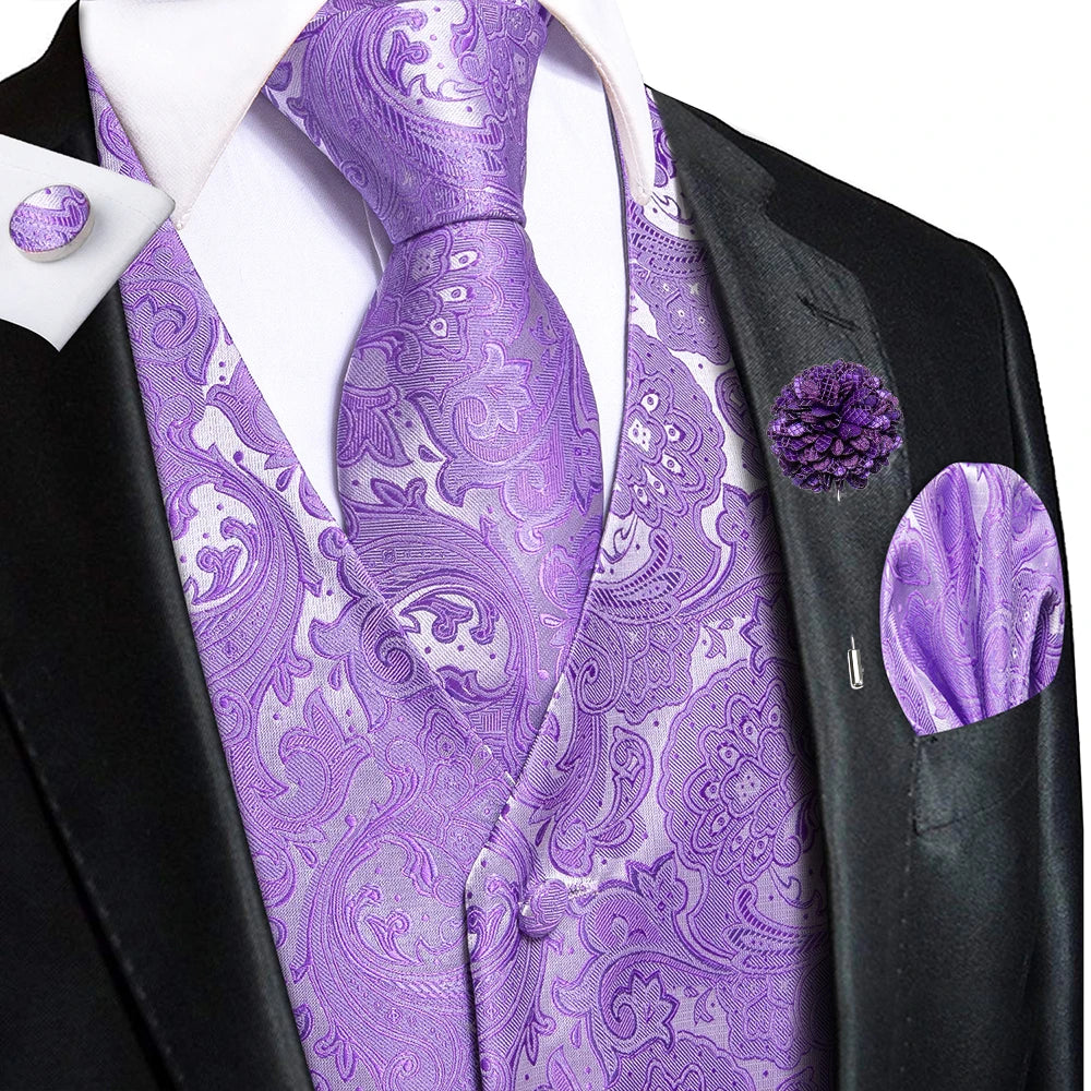 Luxury Gold Black Silk Mens Vests Print Jacquard Waistcoat Tie Hanky Cufflinks Brooch Set for Men Wedding Formal Business Hi-Tie