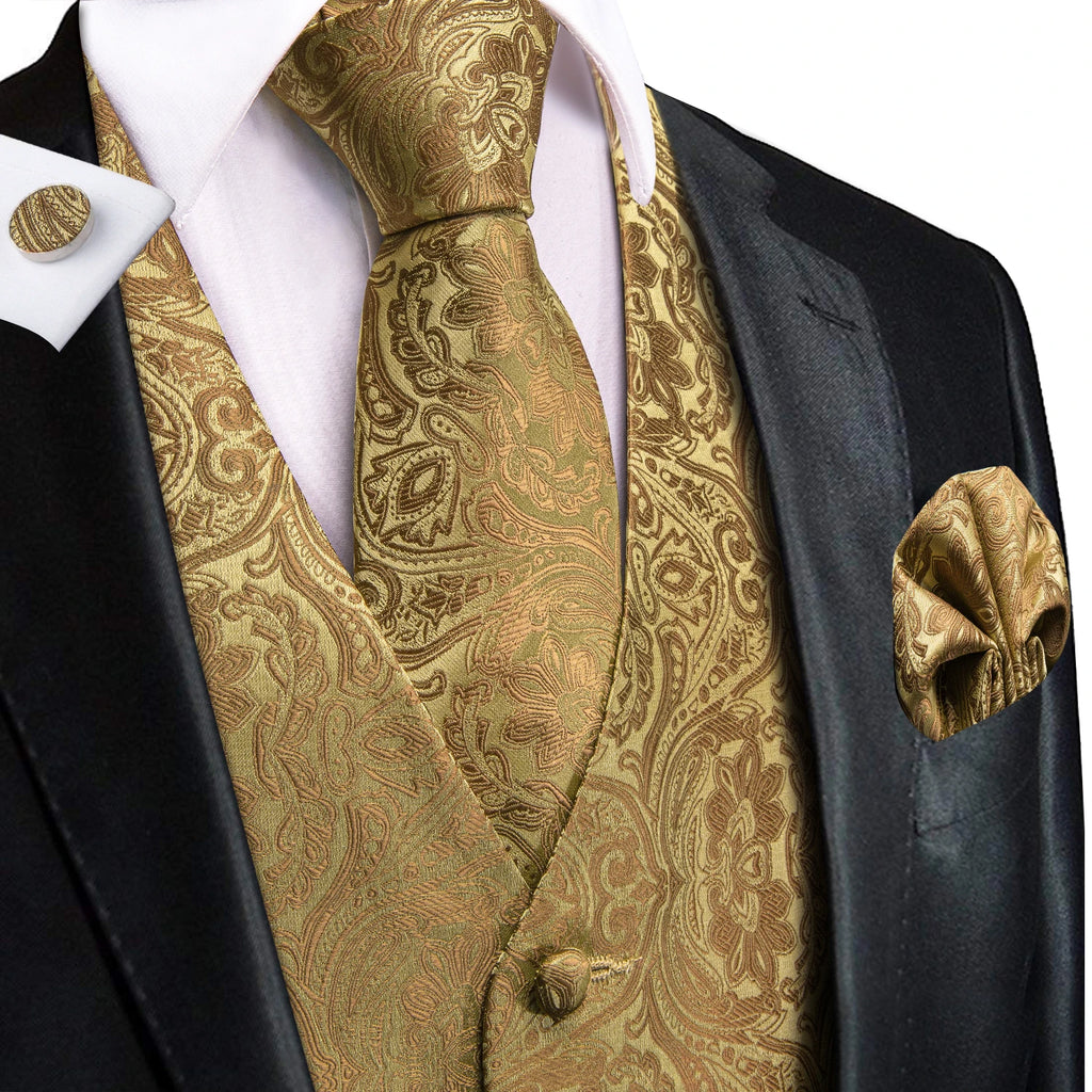 Hi-Tie Men's Silk Vests Fashion Dark Green Floral Jacquard Handkerchief Cufflinks Necktie Sleeveless Wistcoat Sets Wedding Party