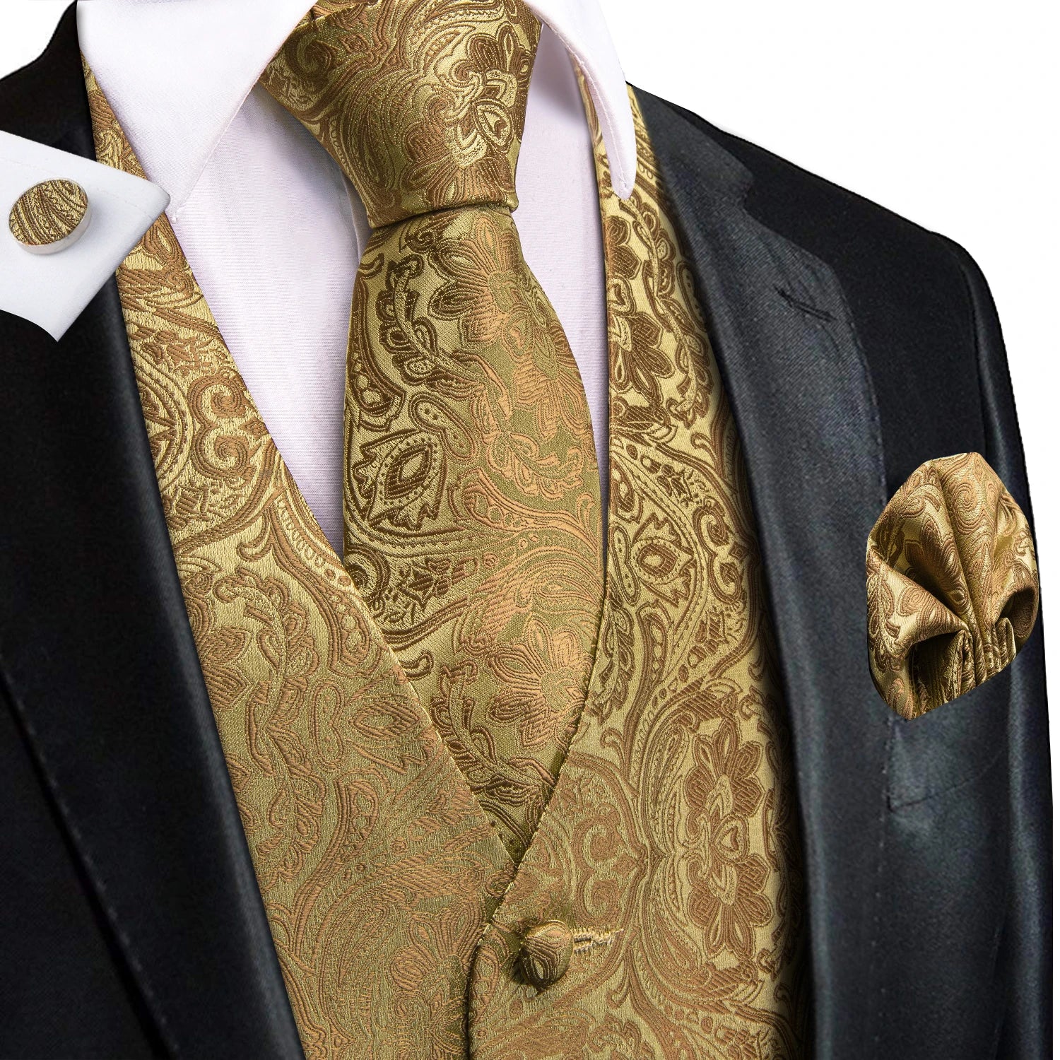 Hi-Tie Men's Silk Vests Fashion Dark Green Floral Jacquard Handkerchief Cufflinks Necktie Sleeveless Wistcoat Sets Wedding Party