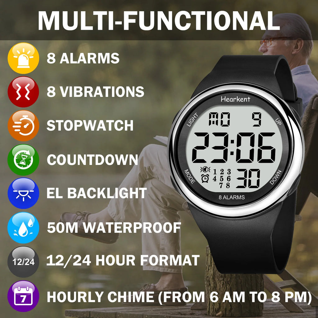 Hearkent Unisex 8 Vibrating Alarms Watch Medication Pill Clock Reminder Big Number Watch Waterproof for Deaf Digital Wristwatch