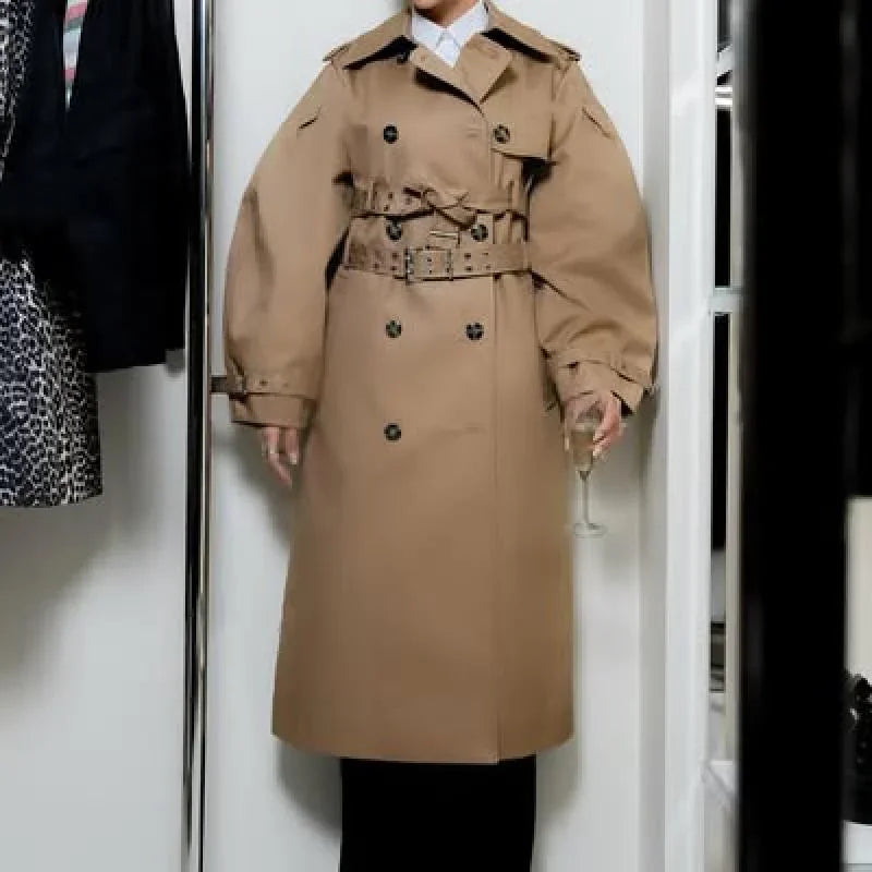 Women's Long Trench Coat Double Breasted Hooded Punk Crop Jackets With Belt Waist-Cinched Windbreakers 2025 Autumn Lady Outwears