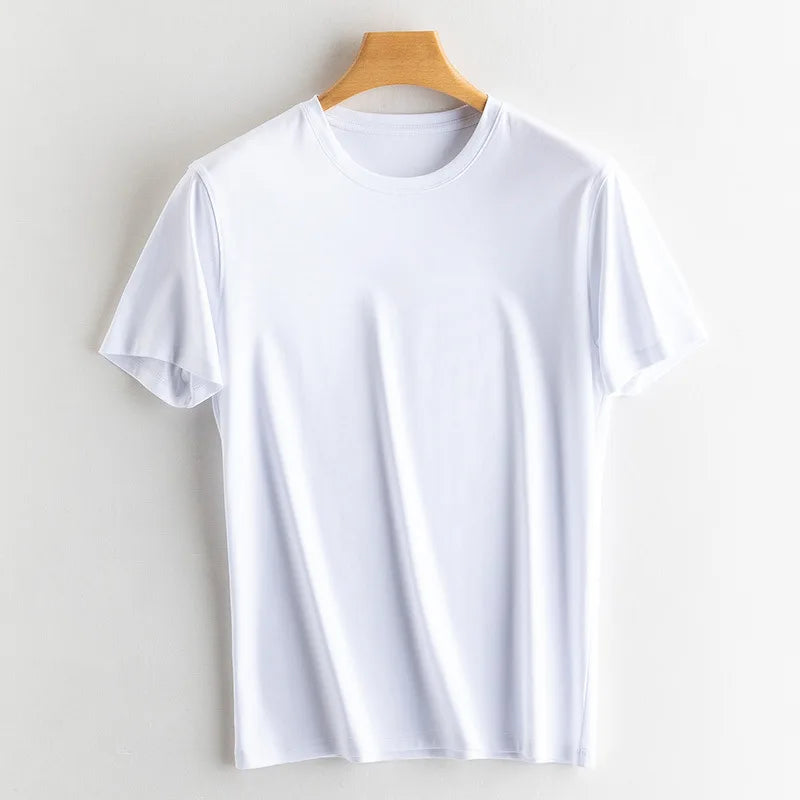 Birdtree 7% Silk 62% Cotton Short Sleeve T-Shirt Men Thin Loose Breathable Basic Solid Cultural T-Shirt 2024 Summer T41479QC
