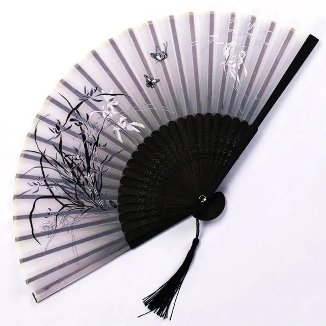 Chinese Bamboo Silk Hand Folding Fan Black
