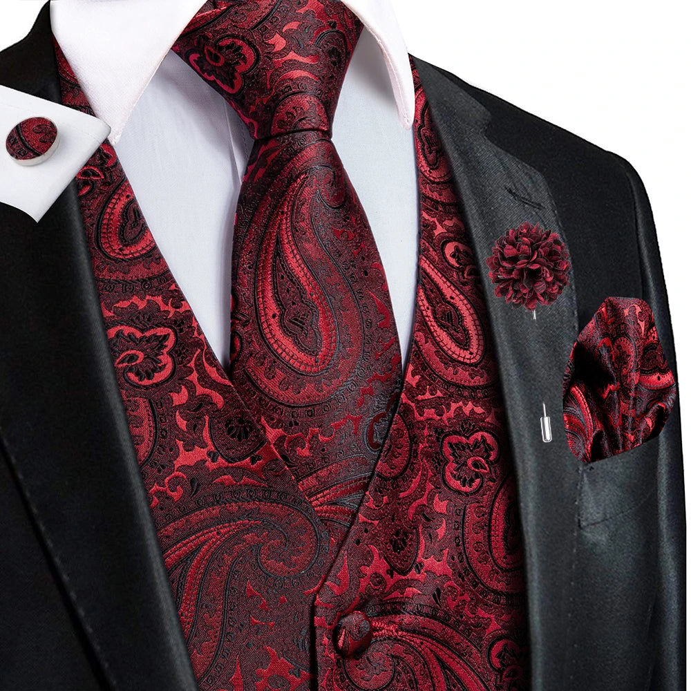 Luxury Gold Black Silk Mens Vests Print Jacquard Waistcoat Tie Hanky Cufflinks Brooch Set for Men Wedding Formal Business Hi-Tie