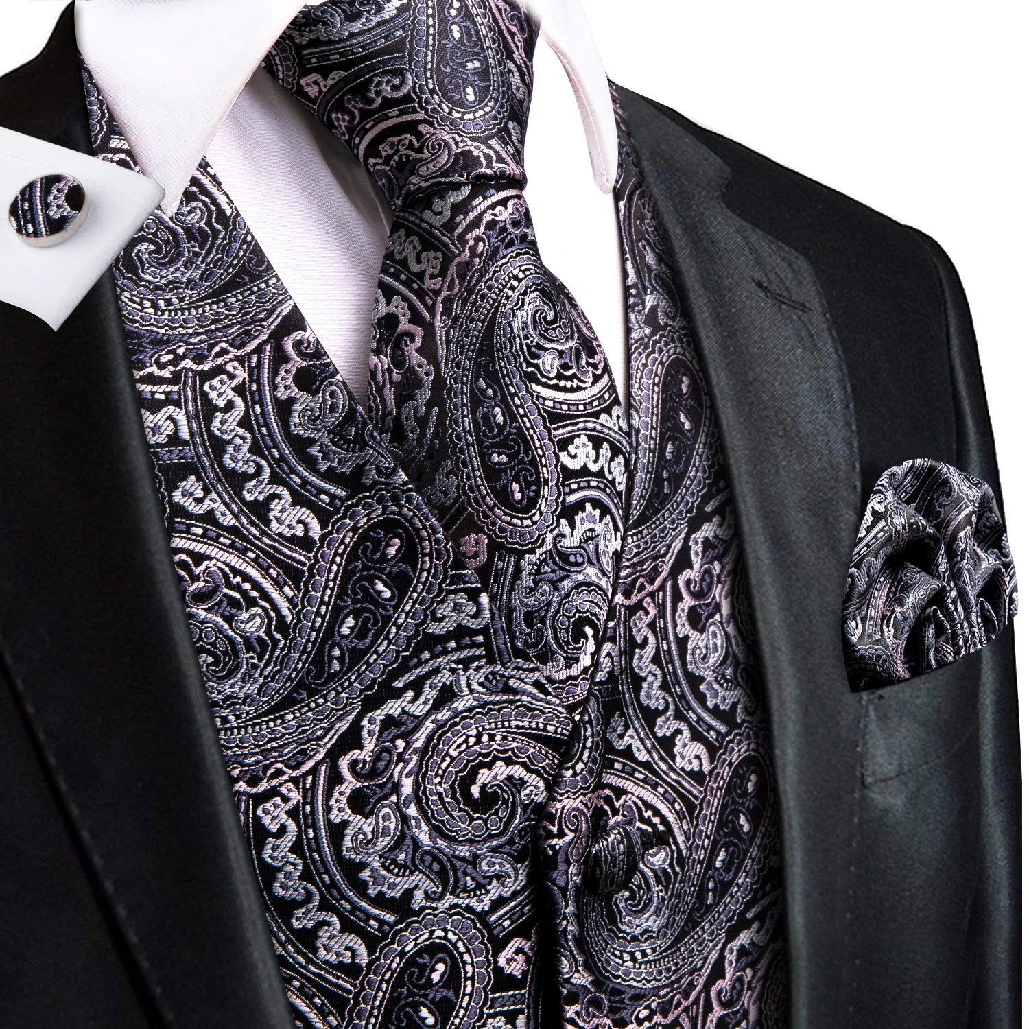 Hi-Tie Men's Silk Vests Fashion Dark Green Floral Jacquard Handkerchief Cufflinks Necktie Sleeveless Wistcoat Sets Wedding Party