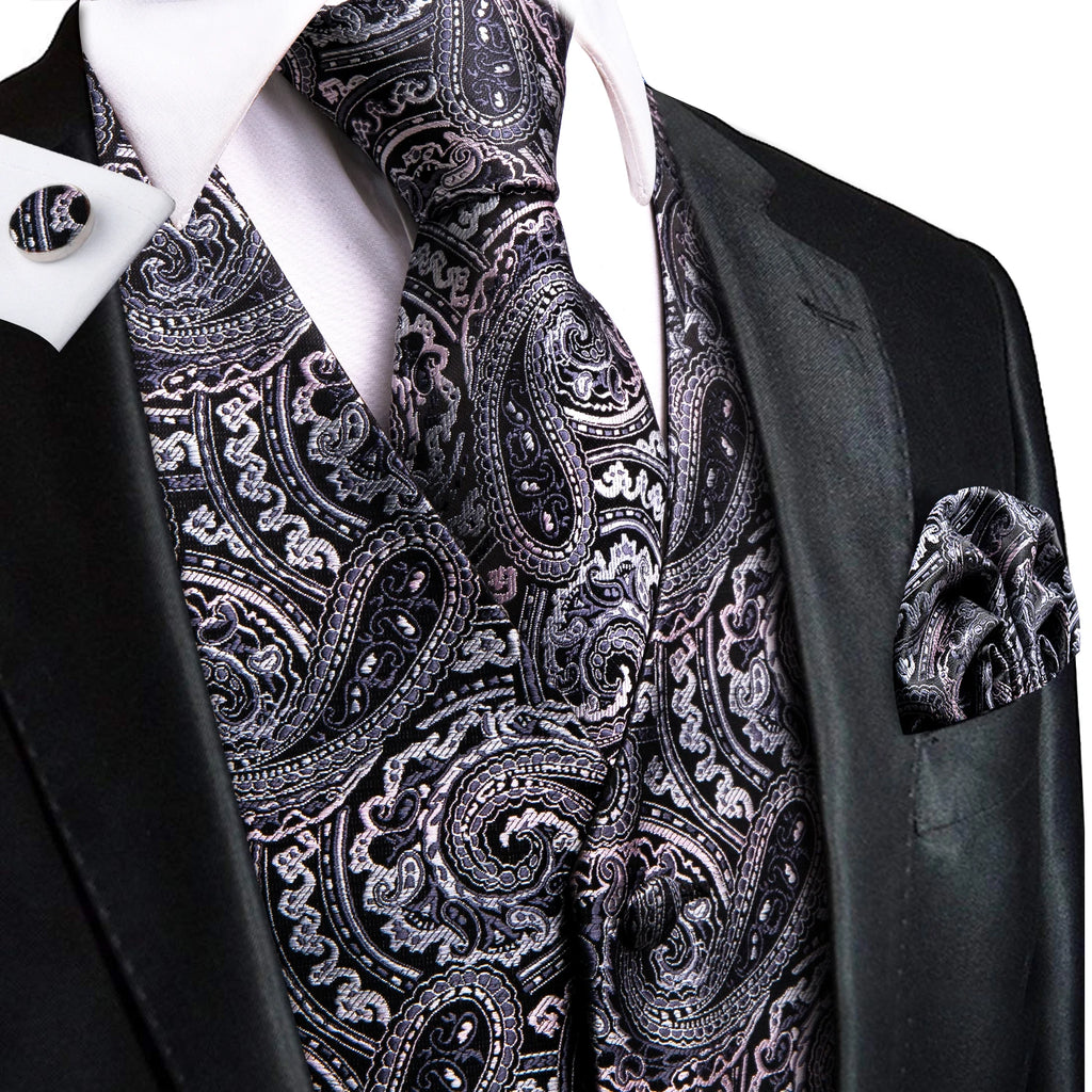 Hi-Tie Men's Silk Vests Fashion Dark Green Floral Jacquard Handkerchief Cufflinks Necktie Sleeveless Wistcoat Sets Wedding Party