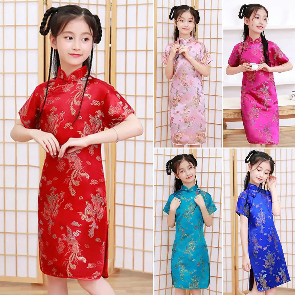 Kids Girls Satin Dress Cheongsams Hanfu Tight Phoenix Print Dress Chinese Traditional Costumes Princess Girls Dress Cheongsams