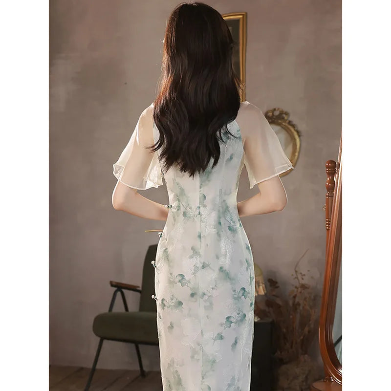 2024 Summer Cheongsam New Fairy Young Style Elegant Retro Qipao Girl Small Fresh Length Modern Oriental Dress