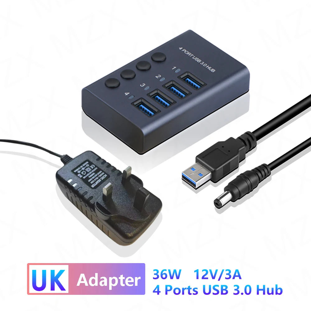 MZX USB 3.0 Hub Aluminum Multi Port Splitter with Power Adapter and Switch