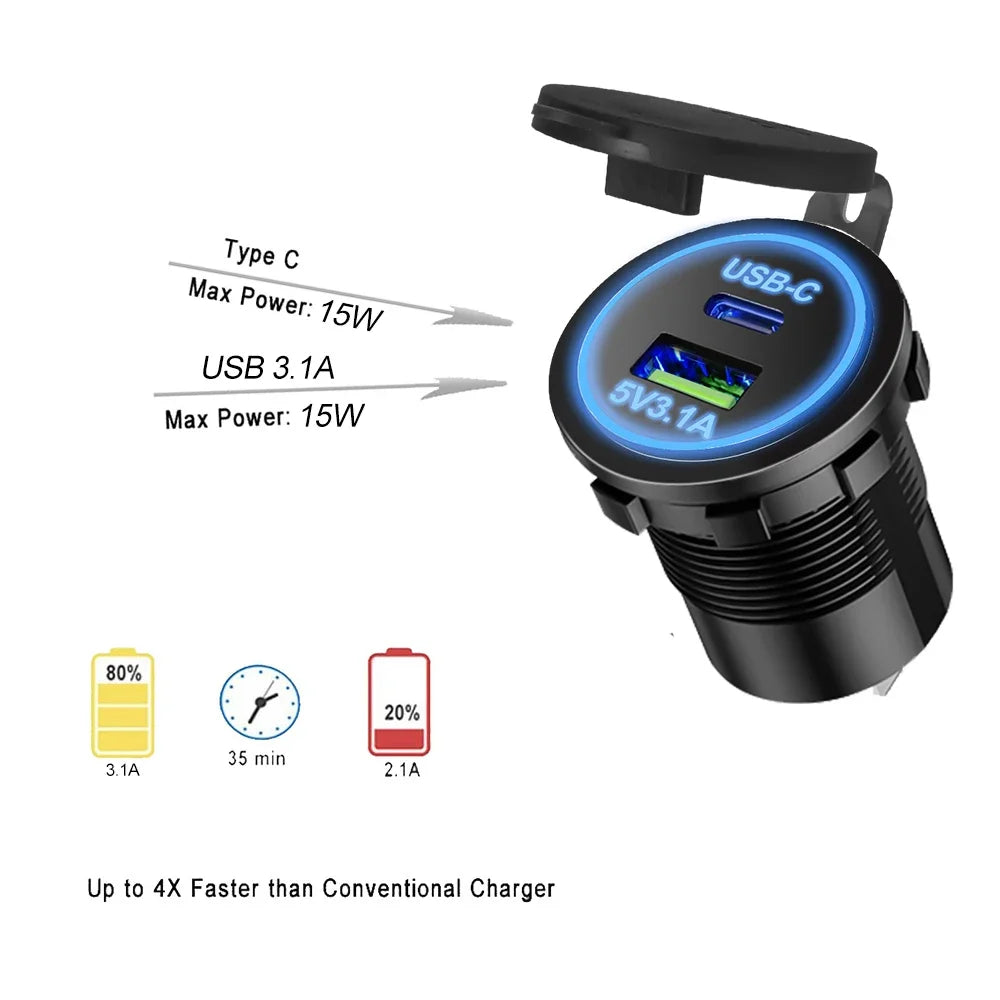 Universal Motorcycle Car Charger LED Light USB TYPE-C Charger Power Socket Cigarette Waterproof Light for Auto Truck ATV Boat