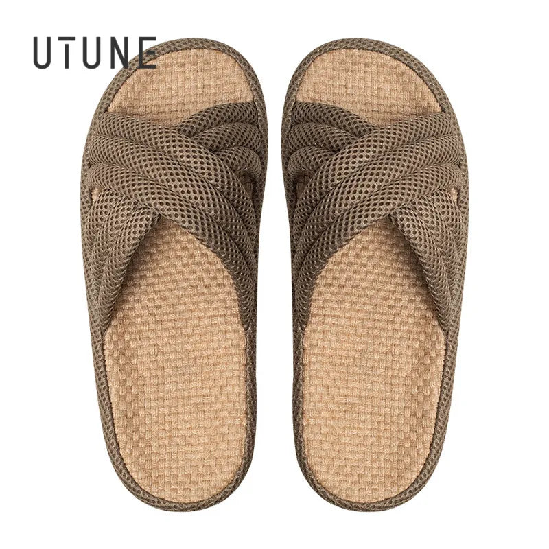 UTUNE Linen Women Slippers Outdoor Summer Mute Light Vacation Travel Comfortable Shoes Anti-slip Flat Thick Sole Home Slides