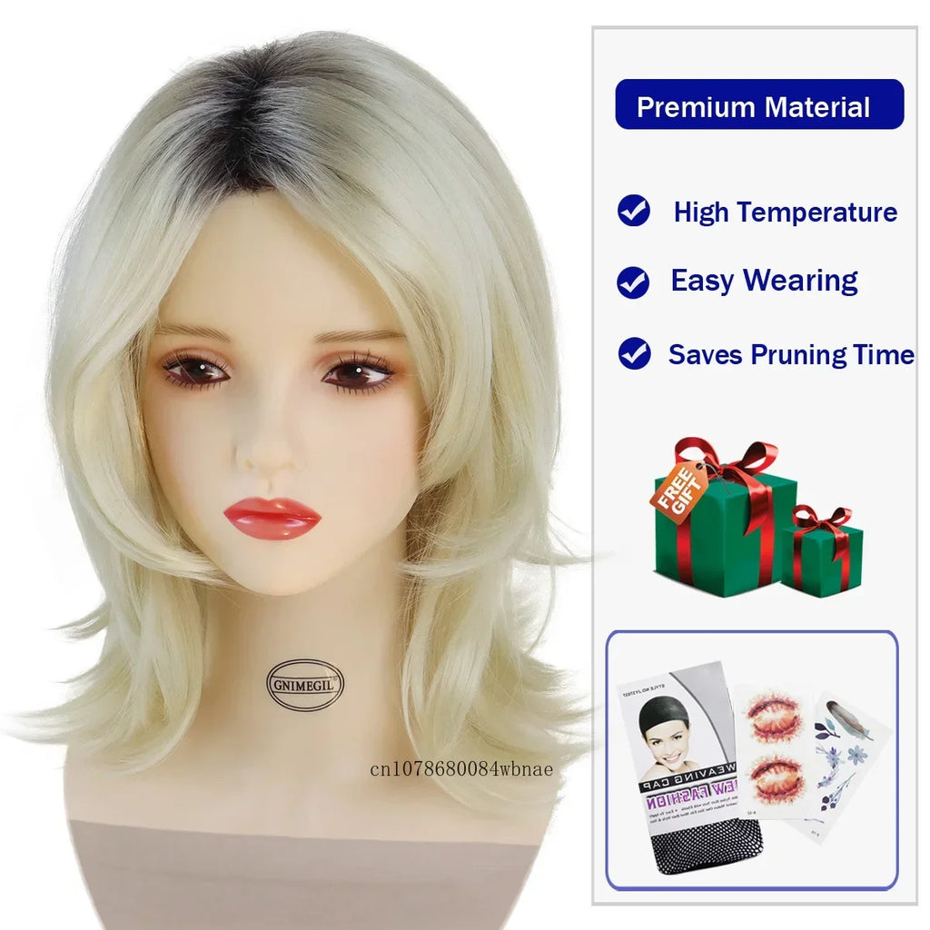 Synthetic Bride of Chucky Cosplay Wigs for Women Medium Curly Wavy Ombre Blonde Wig Halloween Costume Dress Up Party Daily Use
