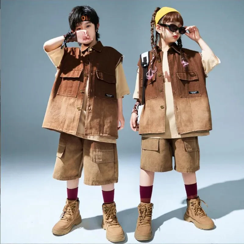 Sets Kids Showing Cool Tee Street Dance Child Jazz Costumes Boys Hip Hop Brown T-shirt Girls Loose Print Cargo Shorts Clothes