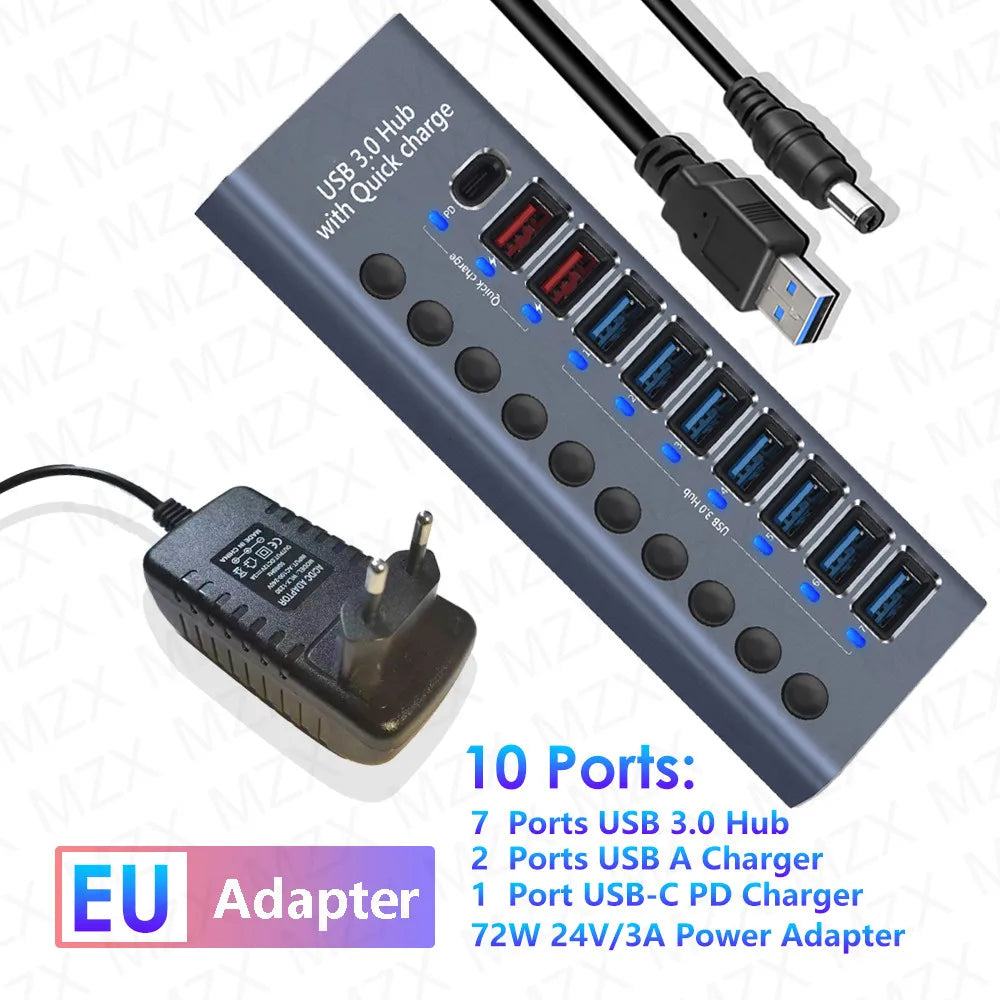 MZX USB 3.0 Hub Aluminum Multi Port Splitter with Power Adapter and Switch