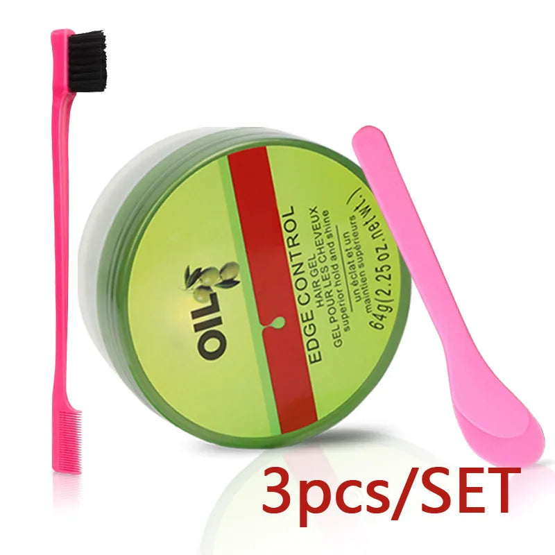 New Edge Control Wax For Women Strong Hold Olive Oil Edges Control Gel With Brush Spoon Babys Hair Edge Smoother Creme 2.25Oz