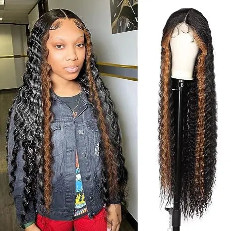 WIGERA Synthetic Ombre Black 40Inch Extra Long Crimp Deep Body Wave Lace Wig Curly Wavy Wigs Highlights With Baby Hair For Women