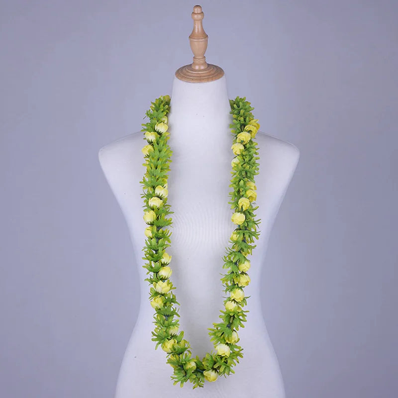 Popular Artificial Silk Rosebud Greenrose Lei Double Strand Braided Necklace Hawaiian Garland Polynesian Samoan Style Wreath