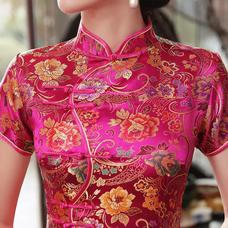 Cheongsam Women's Summer Dress Vintage Button Down Qipao Lady Elegant Brocade Satin Vestidos Oriental Bride Wedding Dresses