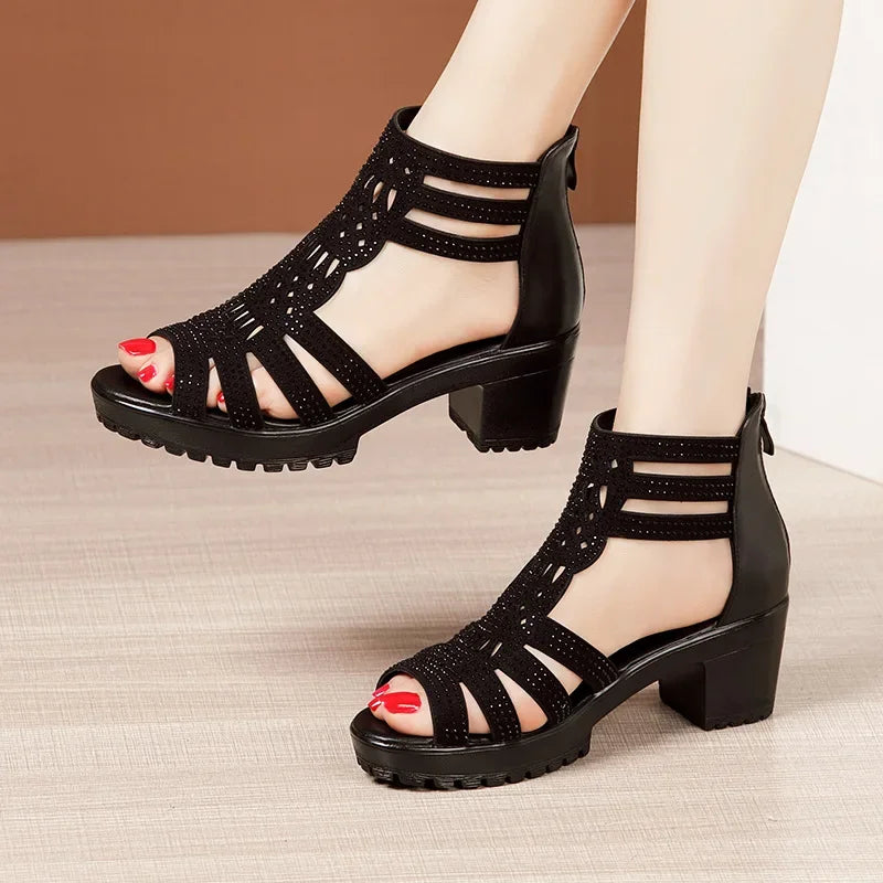 6cm 8cm Small Size 32-43 Rhinestone Wedding Shoes Summer Platform Sandals 2025 Block High Heels Gladiator Sandals Office Model