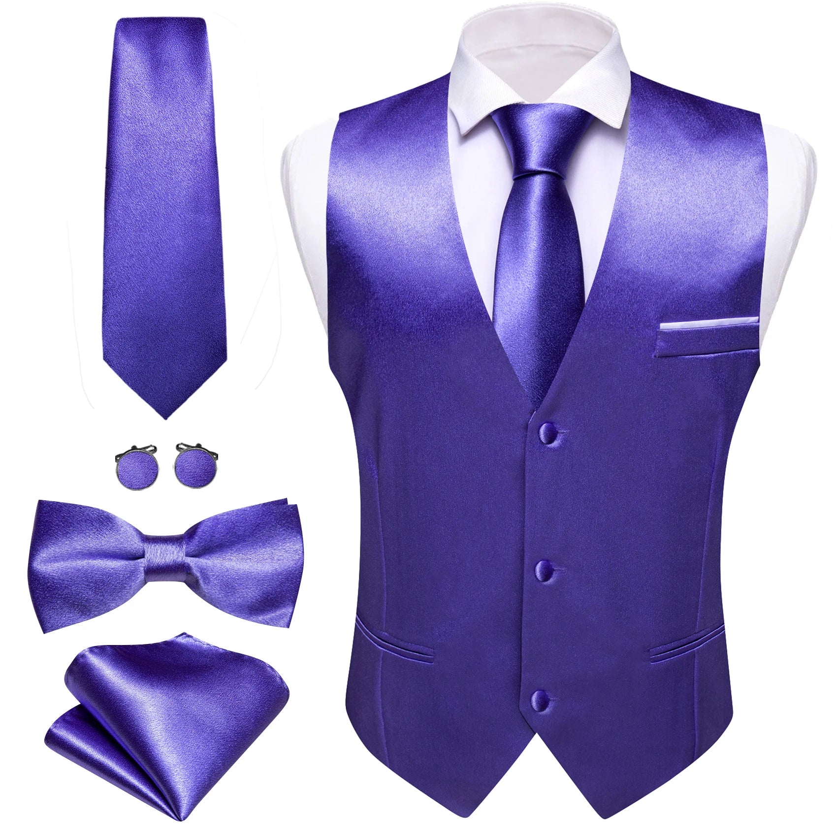 Elegant Vest for Men Pink Solid Satin Waistcoat Tie Bowtie Hanky Set Sleeveless Jacket Wedding Formal Male Gilet Suit Barry Wang