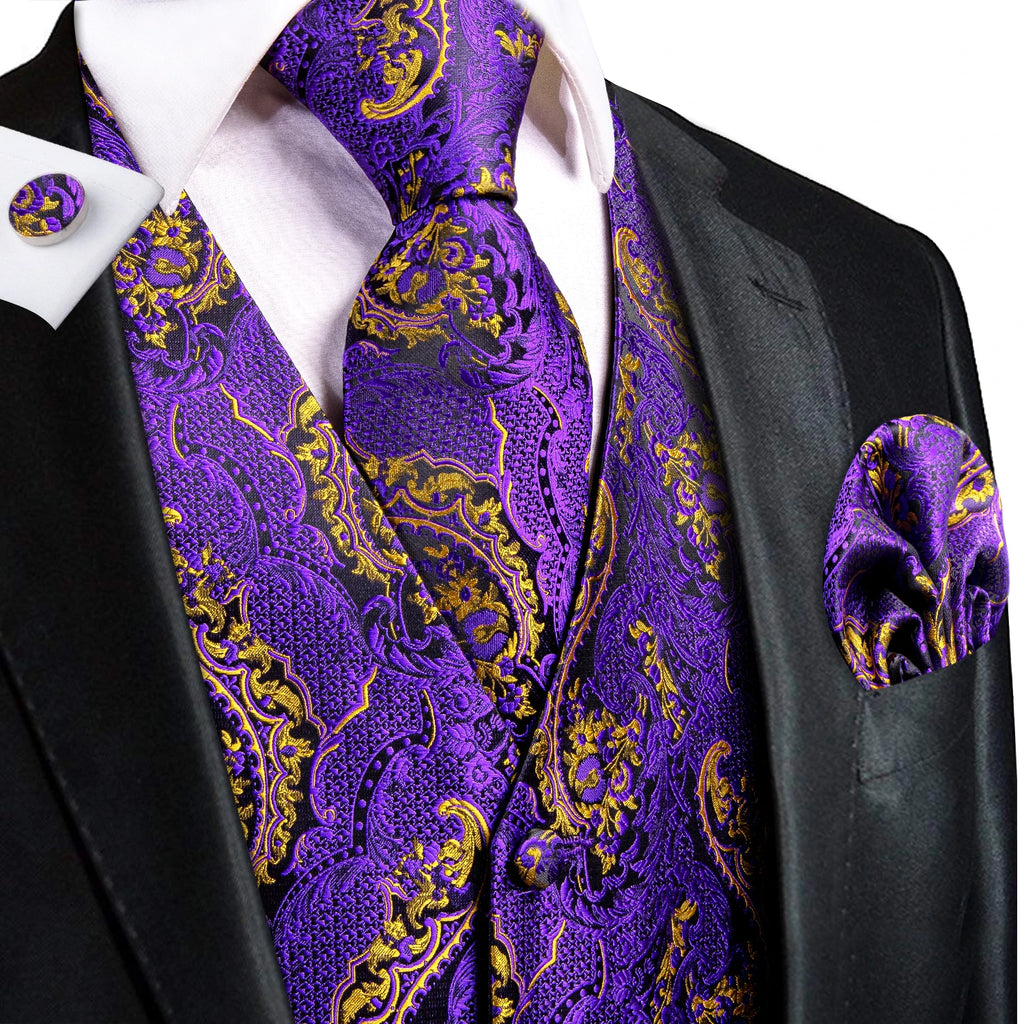 Hi-Tie Silk Ivory Beige Champagne Gold Mens Vests Tie Hankerchief Cufflinks Set Jacquard Vine Waistcoat for Men Suit Dress