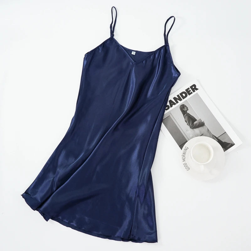 WSFSLJWDW Sexy Pajamas Women's Faux Silk Suspender Nightdress Ladies Spring and Summer Ice Silk Thin Halter Home Night Dresses