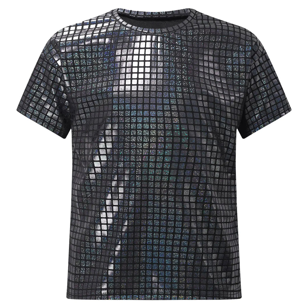 Boys Girls Shiny Plaid Sequins T-shirt Unisex Kids Short Sleeve Shirts Tops Cheerleading Street Dance Choir Stage Performance