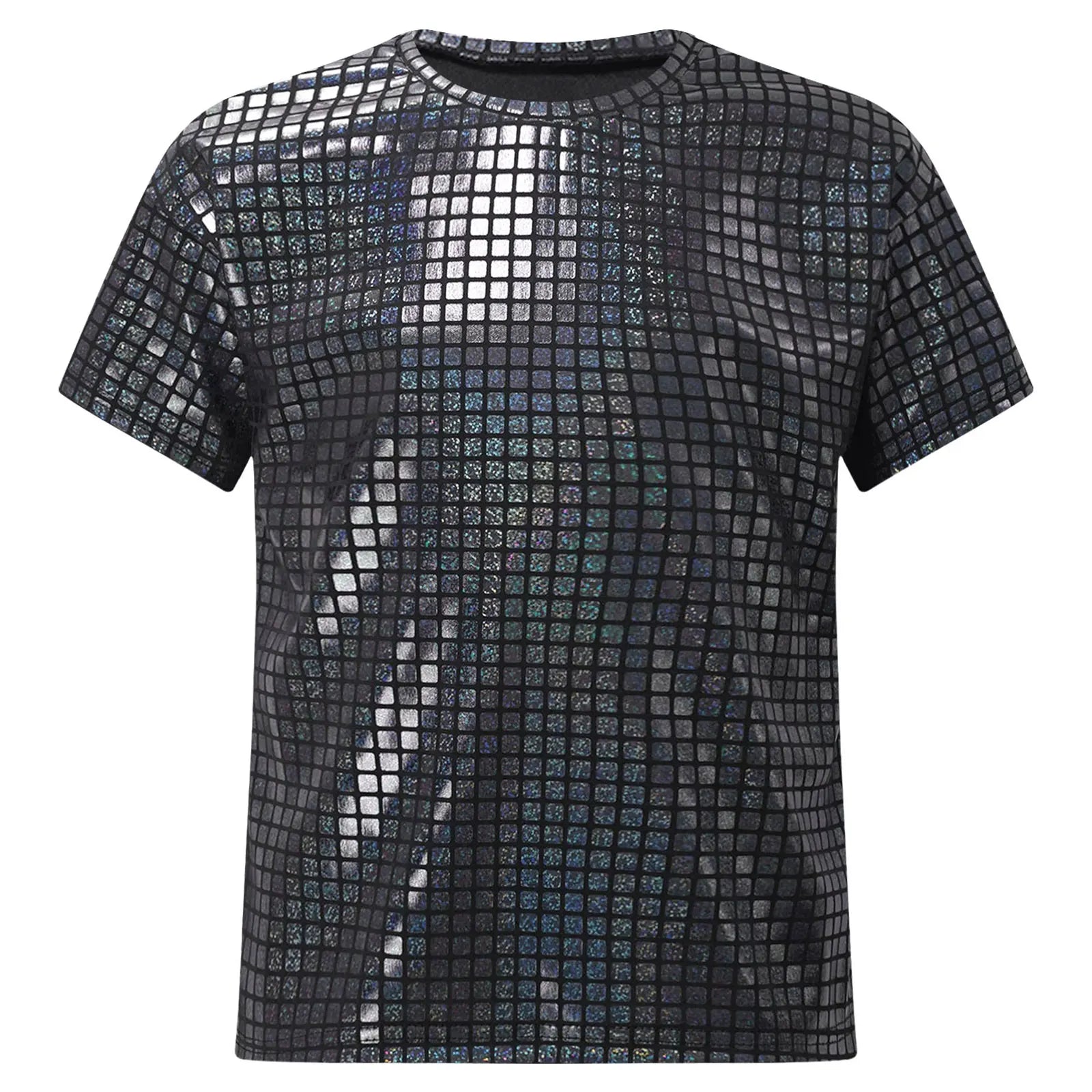 Boys Girls Shiny Plaid Sequins T-shirt Unisex Kids Short Sleeve Shirts Tops Cheerleading Street Dance Choir Stage Performance