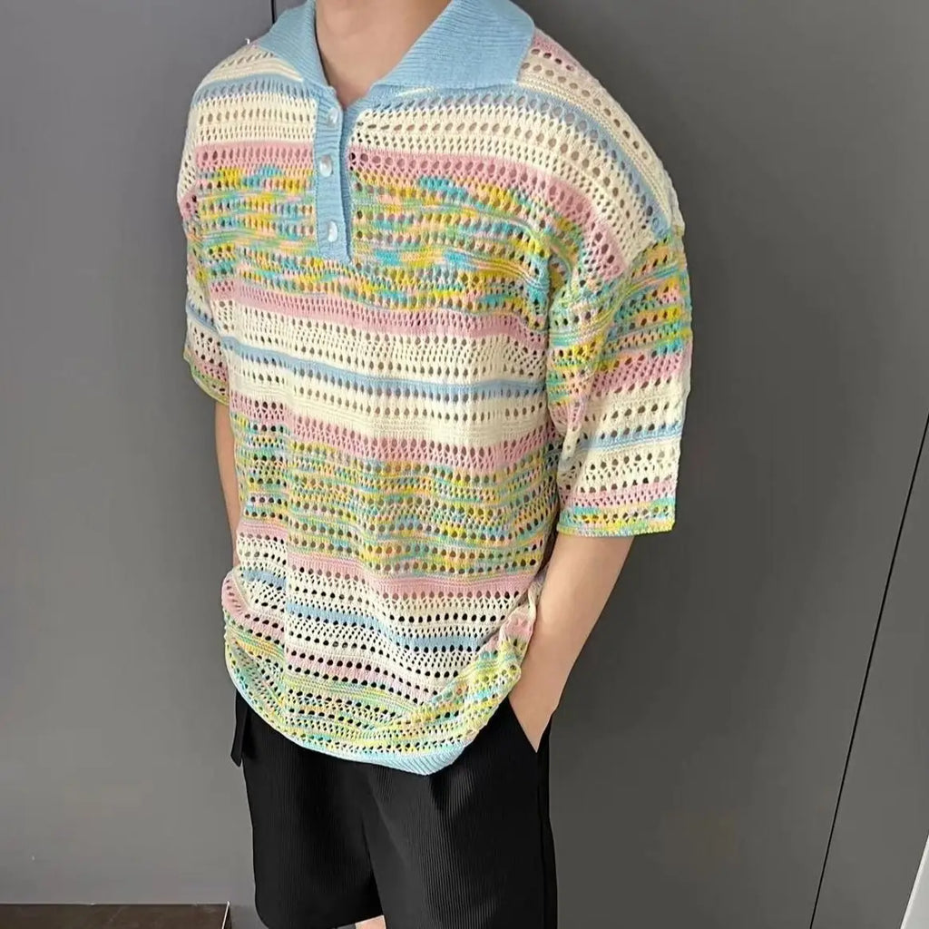 Vintage Colour Stripe Hollow Lapel Collar Short Sleeved T-shirt Knitting Men Summer Loose Comfortable Refreshing POLO Shirt