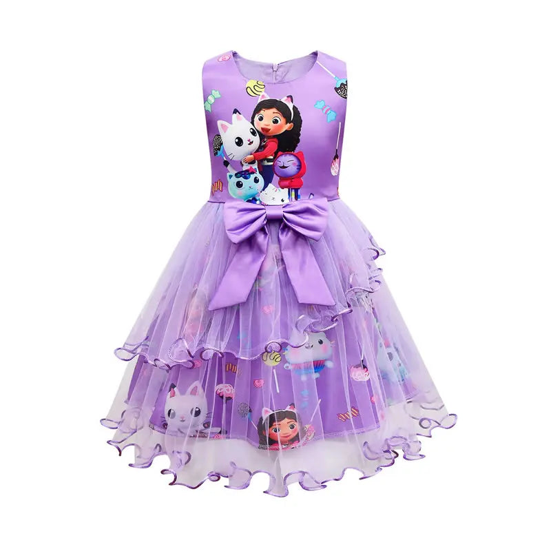 Summer Gabbys Dollhouse Costume For Baby Girl Lace Dress Fashion Kid Up Bow Print Princess Frock Children Tunic Clothes