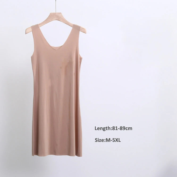 Plus Size Full Slips Dresses For Women Thin Seamless Ice Silk Summer Petticoat Underskirt Dress Sleeveless Inner Vest Dress 5XL