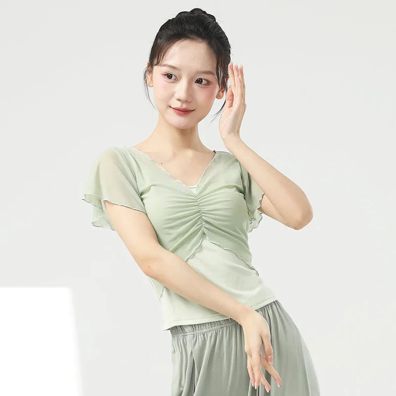 Dance Tops Women Modern Practice Clothes Dancewear Short Sleeved Gauze Pleated T-shirt Solid Color Stage Costume Top New Arrival