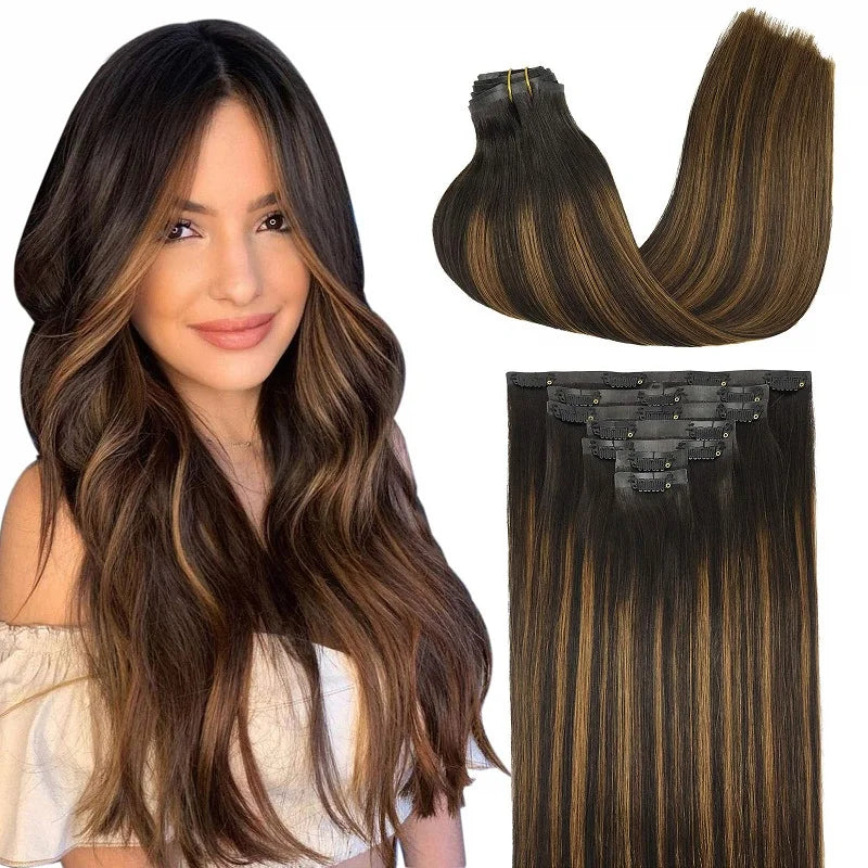PU Clip in Extensions Human Hair Clip in Natural Thick Straight Hair Extensions Seamless Skin Weft Clip-on Hair Pieces 150G