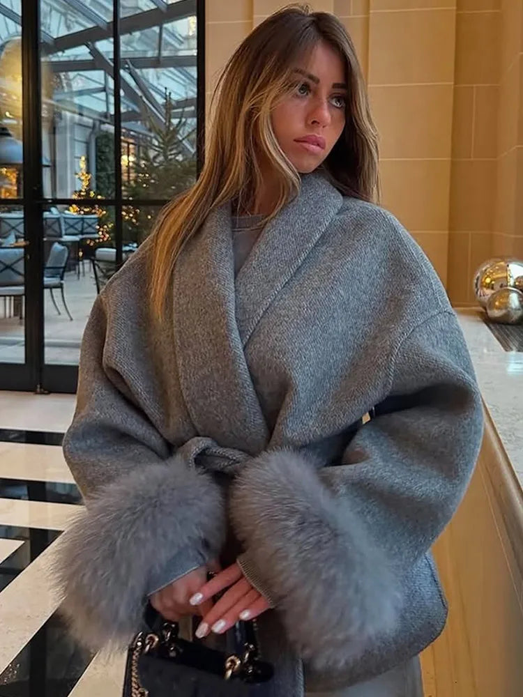 Fur Patchwork Woolen Short Coat Fashion Solid Lace Up Lapel Furry Belt Long Sleeve Loose Jacket  2025 New Autumn Winter Cardigan