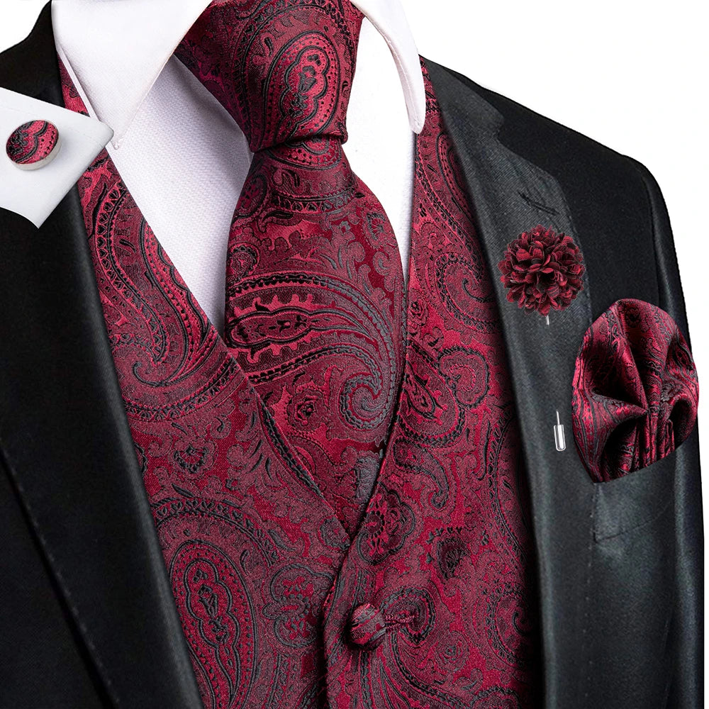 Luxury Gold Black Silk Mens Vests Print Jacquard Waistcoat Tie Hanky Cufflinks Brooch Set for Men Wedding Formal Business Hi-Tie